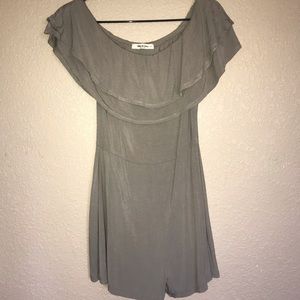 Off-the-shoulder Romper; olive green, plain